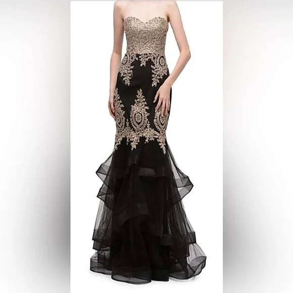 Eureka Los Angeles Dresses | 3. Eureka Fashion - Gilt Adorned Strapless Trumpet Evening Gown | Color: Black/Gold | Size: M | Pm-18800284's Closet